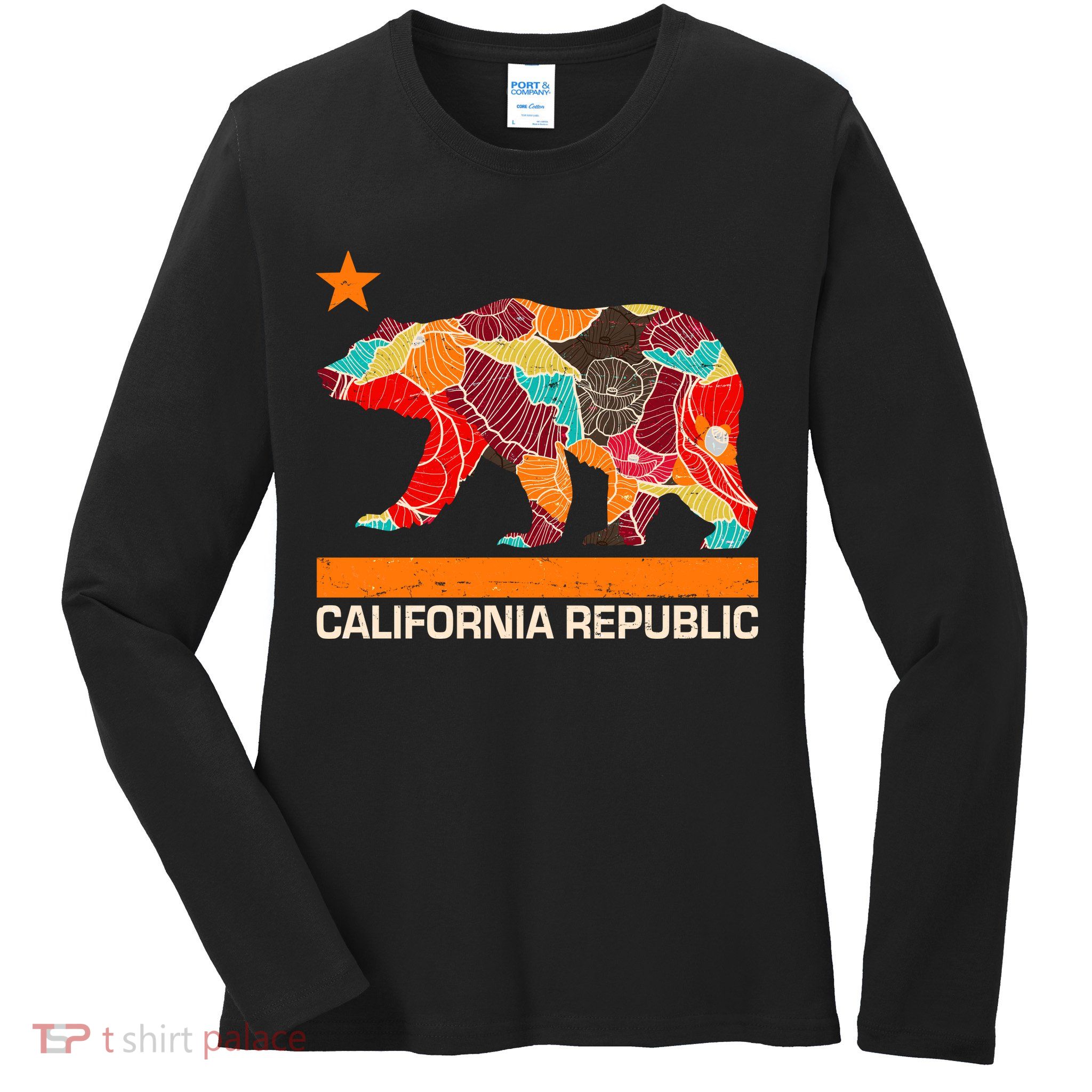 California Republic Logo Flower Floral Pattern Bear Ladies Long Sleeve Shirt