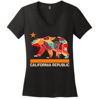 California Republic Logo Flower Floral Pattern Bear Women's V-Neck T-Shirt