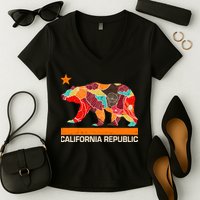 California Republic Logo Flower Floral Pattern Bear Women's V-Neck T-Shirt