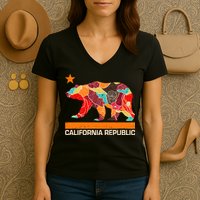 California Republic Logo Flower Floral Pattern Bear Women's V-Neck T-Shirt