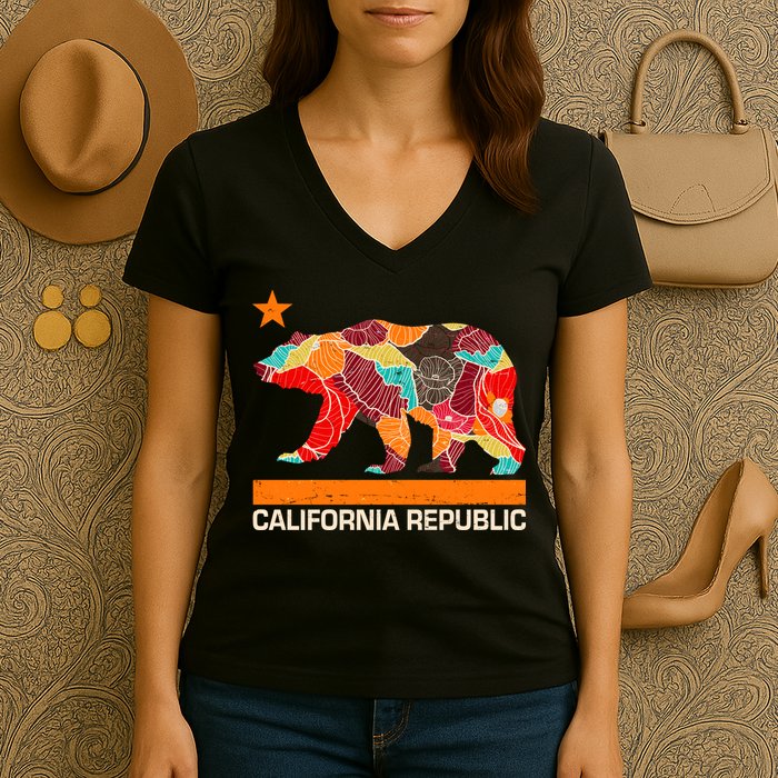 California Republic Logo Flower Floral Pattern Bear Women's V-Neck T-Shirt