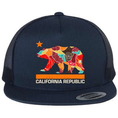 California Republic Logo Flower Floral Pattern Bear Flat Bill Trucker Hat