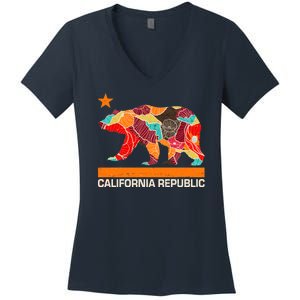 California Republic Logo Flower Floral Pattern Bear Women's V-Neck T-Shirt