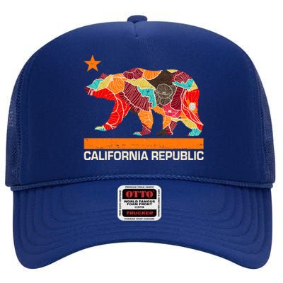 California Republic Logo Flower Floral Pattern Bear High Crown Mesh Back Trucker Hat