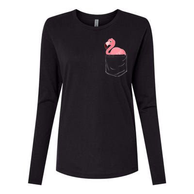 Cute Adorable Mini Flamingo in Pocket Womens Cotton Relaxed Long Sleeve T-Shirt