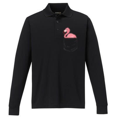 Cute Adorable Mini Flamingo in Pocket Performance Long Sleeve Polo