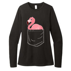 Cute Adorable Mini Flamingo in Pocket Womens CVC Long Sleeve Shirt