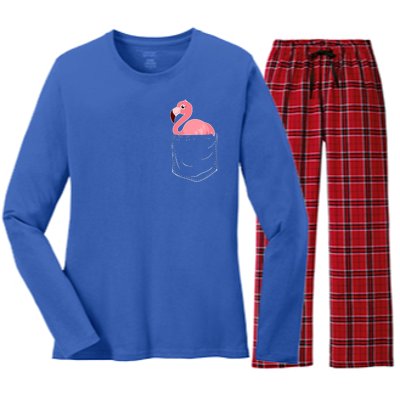 Cute Adorable Mini Flamingo in Pocket Women's Long Sleeve Flannel Pajama Set 