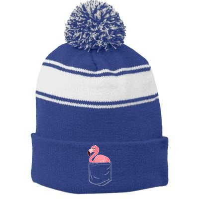 Cute Adorable Mini Flamingo in Pocket Stripe Pom Pom Beanie