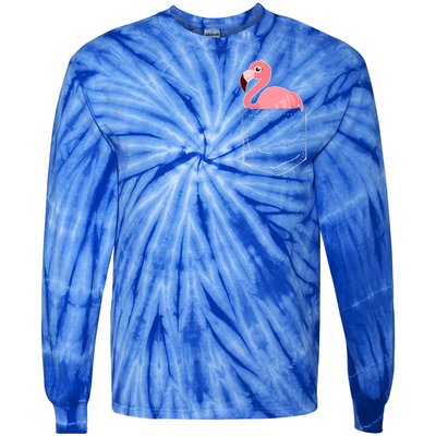 Cute Adorable Mini Flamingo in Pocket Tie-Dye Long Sleeve Shirt