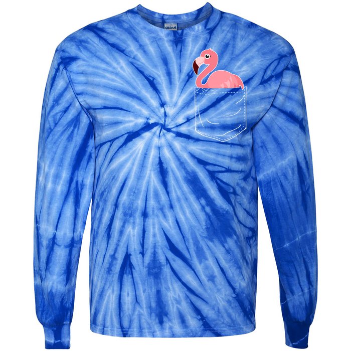 Cute Adorable Mini Flamingo in Pocket Tie-Dye Long Sleeve Shirt