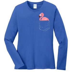 Cute Adorable Mini Flamingo in Pocket Ladies Long Sleeve Shirt