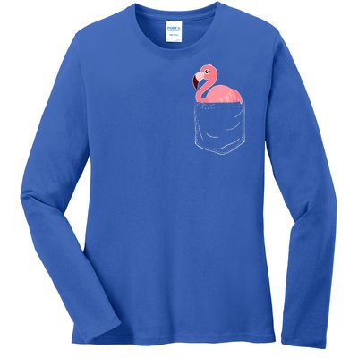 Cute Adorable Mini Flamingo in Pocket Ladies Long Sleeve Shirt