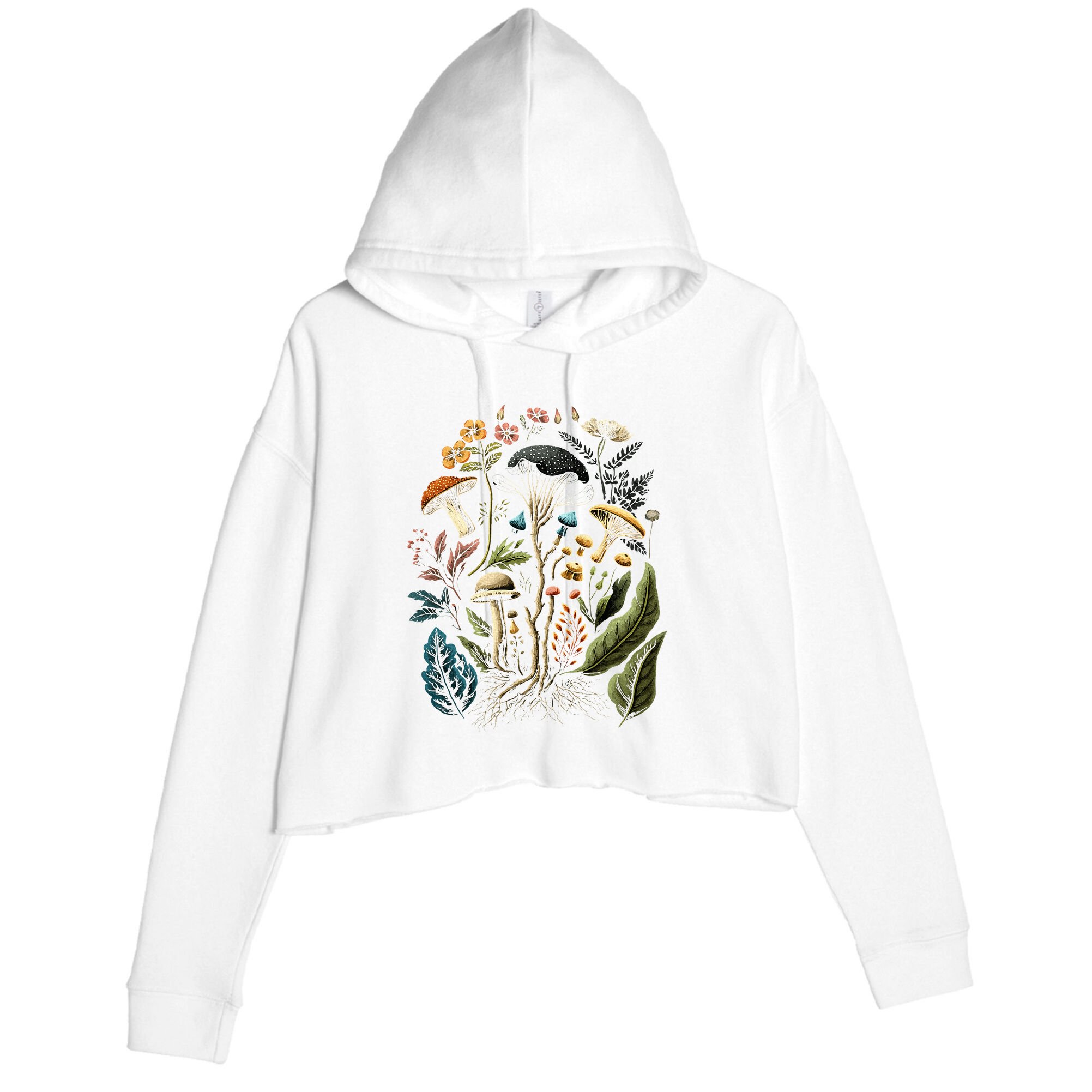 Cottagecore Aesthetic Mushrooms And Plants Crop Fleece Hoodie