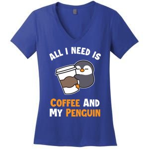 Coffee And My Penguin Sea Bird King Emperor Penguin Gift Women's V-Neck T-Shirt