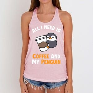 Coffee And My Penguin Sea Bird King Emperor Penguin Gift Women's Knotted Racerback Tank