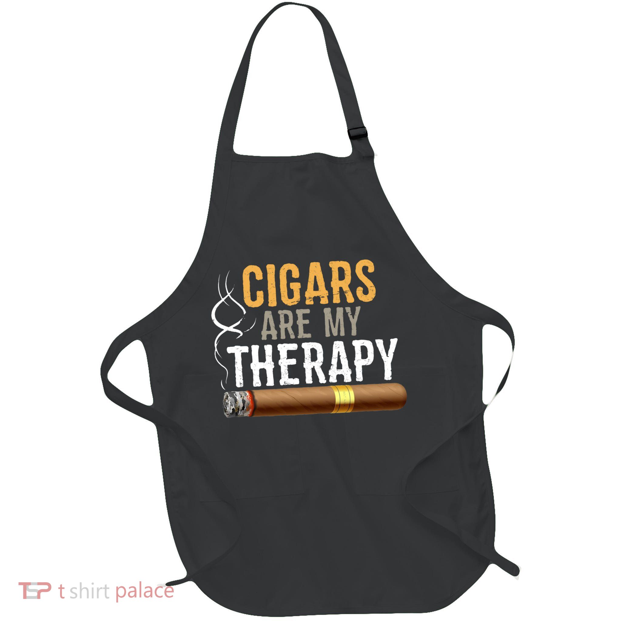 Cigars Are My Therapy Funny Humor Smoking Lover Full-Length Apron With Pockets