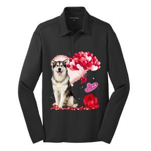 Cute Alaskan Malamute Balloon Heart Valentine's Day Silk Touch Performance Long Sleeve Polo