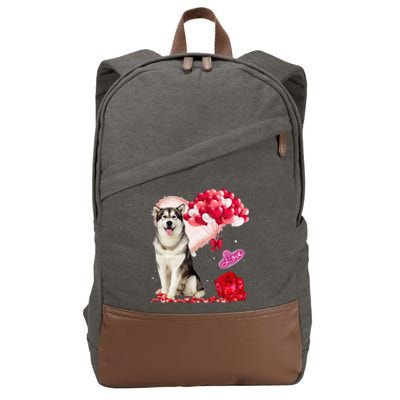 Cute Alaskan Malamute Balloon Heart Valentine's Day Cotton Canvas Backpack