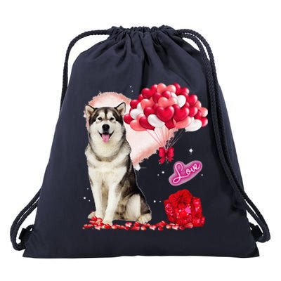 Cute Alaskan Malamute Balloon Heart Valentine's Day Drawstring Bag