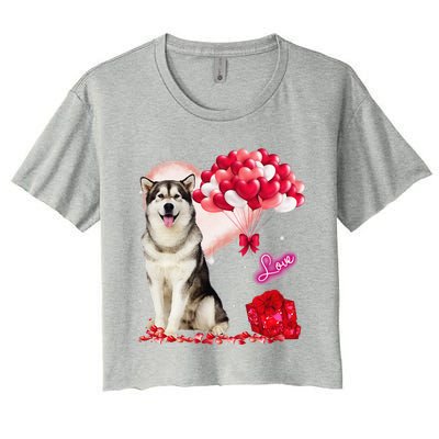 Cute Alaskan Malamute Balloon Heart Valentine's Day Women's Crop Top Tee