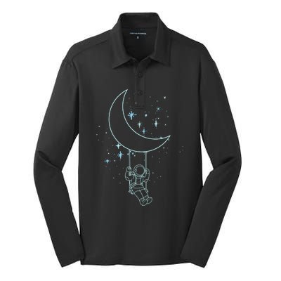 Cute Astronaut Moon Swing Graphic Tees Gift Silk Touch Performance Long Sleeve Polo