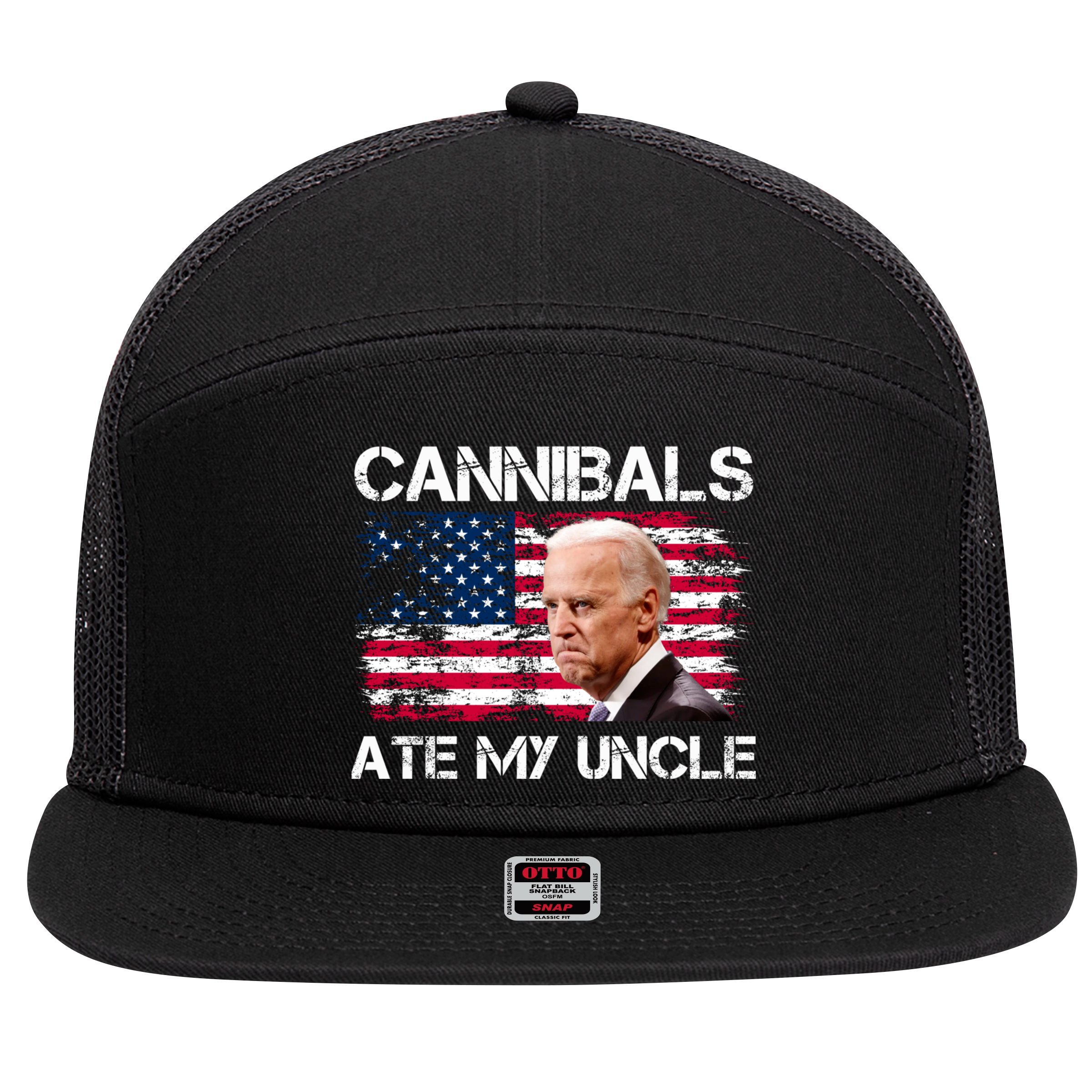 Cannibals Ate My Uncle Us Flag Biden Vinatge 7 Panel Mesh Trucker Snapback Hat