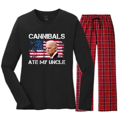 Cannibals Ate My Uncle Us Flag Biden Vinatge Women's Long Sleeve Flannel Pajama Set 