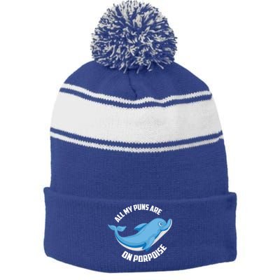 Cool All My Puns Are On Porpoise Funny Dolphin Diver Gift Stripe Pom Pom Beanie