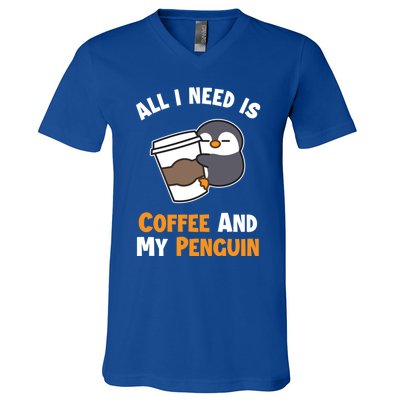 Coffee And My Penguin Sea Bird King Emperor Penguin Gift V-Neck T-Shirt