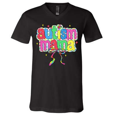 Checkered Autism Mama Coquette Bow Autism Awareness V-Neck T-Shirt