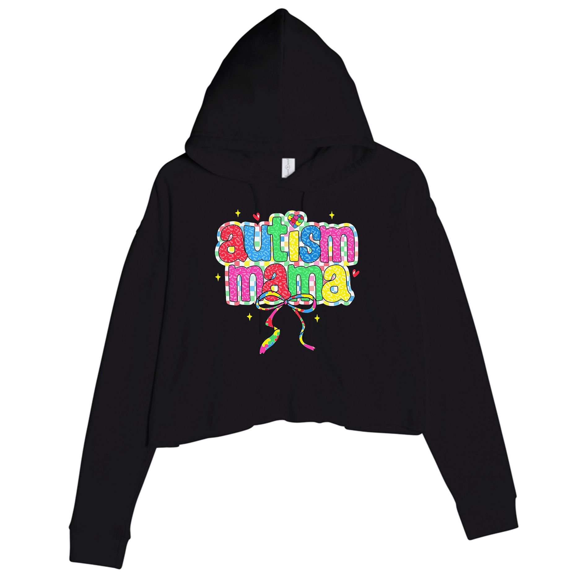 Checkered Autism Mama Coquette Bow Autism Awareness Crop Fleece Hoodie