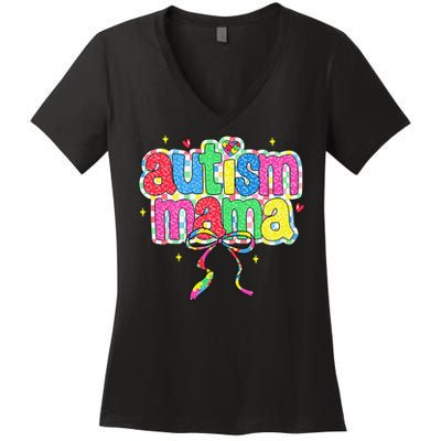 Checkered Autism Mama Coquette Bow Autism Awareness Women's V-Neck T-Shirt