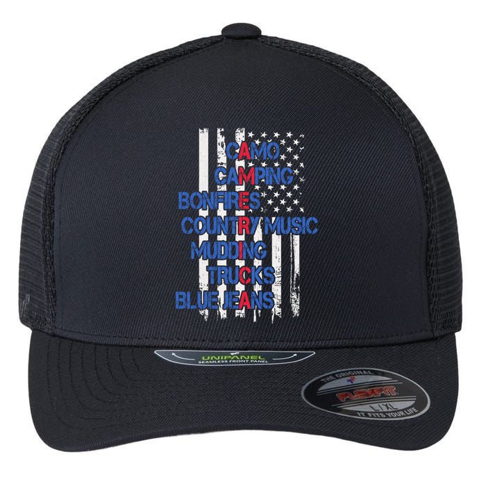 Camo Camping Bonfires Country Music Mudding  Trucks Blue Jeans Flexfit Unipanel Trucker Cap