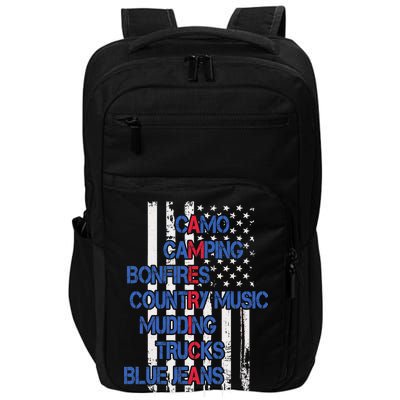 Camo Camping Bonfires Country Music Mudding  Trucks Blue Jeans Impact Tech Backpack