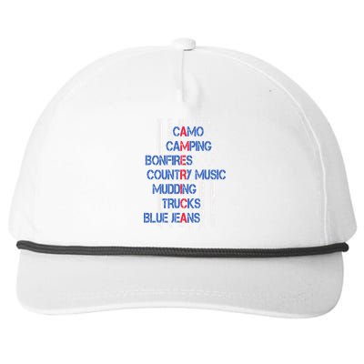 Camo Camping Bonfires Country Music Mudding  Trucks Blue Jeans Snapback Five-Panel Rope Hat