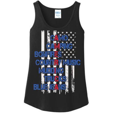 Camo Camping Bonfires Country Music Mudding  Trucks Blue Jeans Ladies Essential Tank