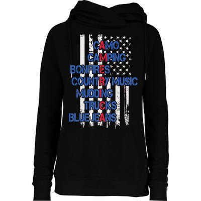 Camo Camping Bonfires Country Music Mudding  Trucks Blue Jeans Womens Funnel Neck Pullover Hood