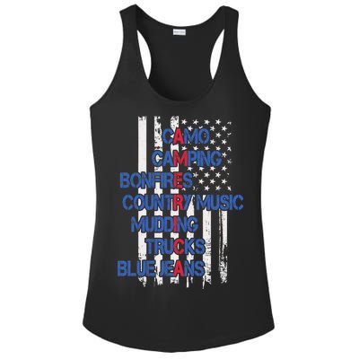 Camo Camping Bonfires Country Music Mudding  Trucks Blue Jeans Ladies PosiCharge Competitor Racerback Tank