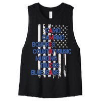 Camo Camping Bonfires Country Music Mudding  Trucks Blue Jeans Women's Racerback Cropped Tank