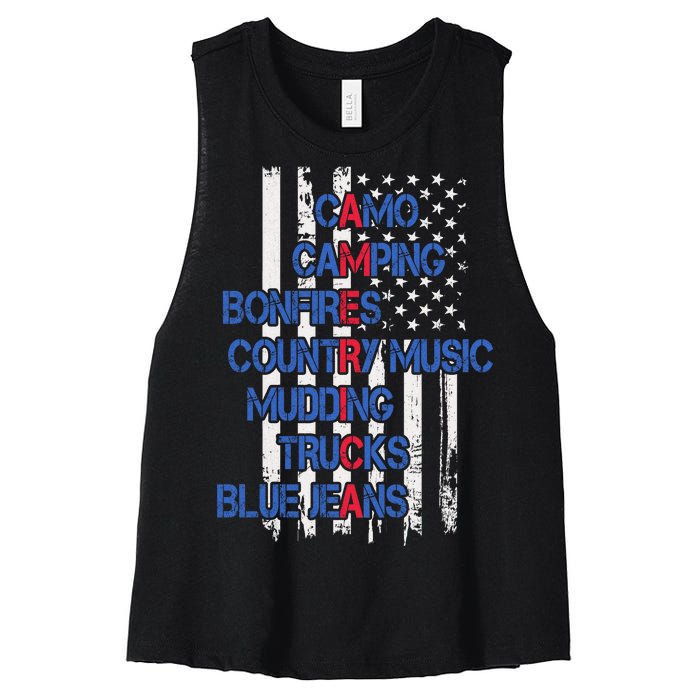 Camo Camping Bonfires Country Music Mudding  Trucks Blue Jeans Women's Racerback Cropped Tank