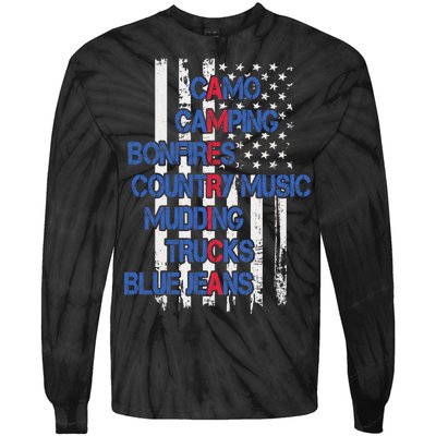 Camo Camping Bonfires Country Music Mudding  Trucks Blue Jeans Tie-Dye Long Sleeve Shirt