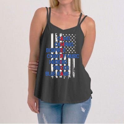 Camo Camping Bonfires Country Music Mudding  Trucks Blue Jeans Women's Strappy Tank