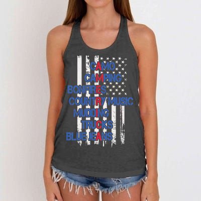 Camo Camping Bonfires Country Music Mudding  Trucks Blue Jeans Women's Knotted Racerback Tank