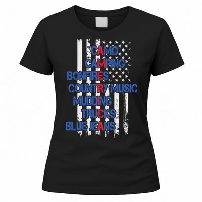 Camo Camping Bonfires Country Music Mudding  Trucks Blue Jeans Women's T-Shirt