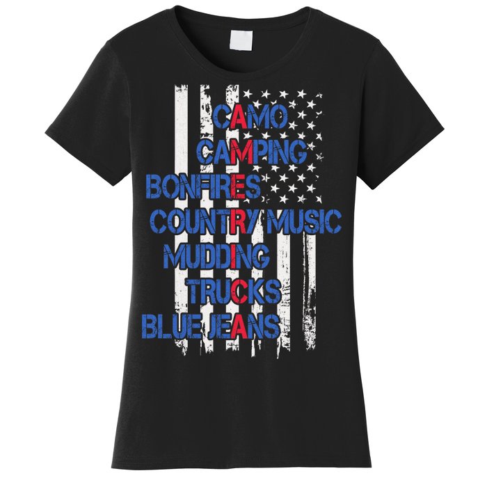 Camo Camping Bonfires Country Music Mudding  Trucks Blue Jeans Women's T-Shirt