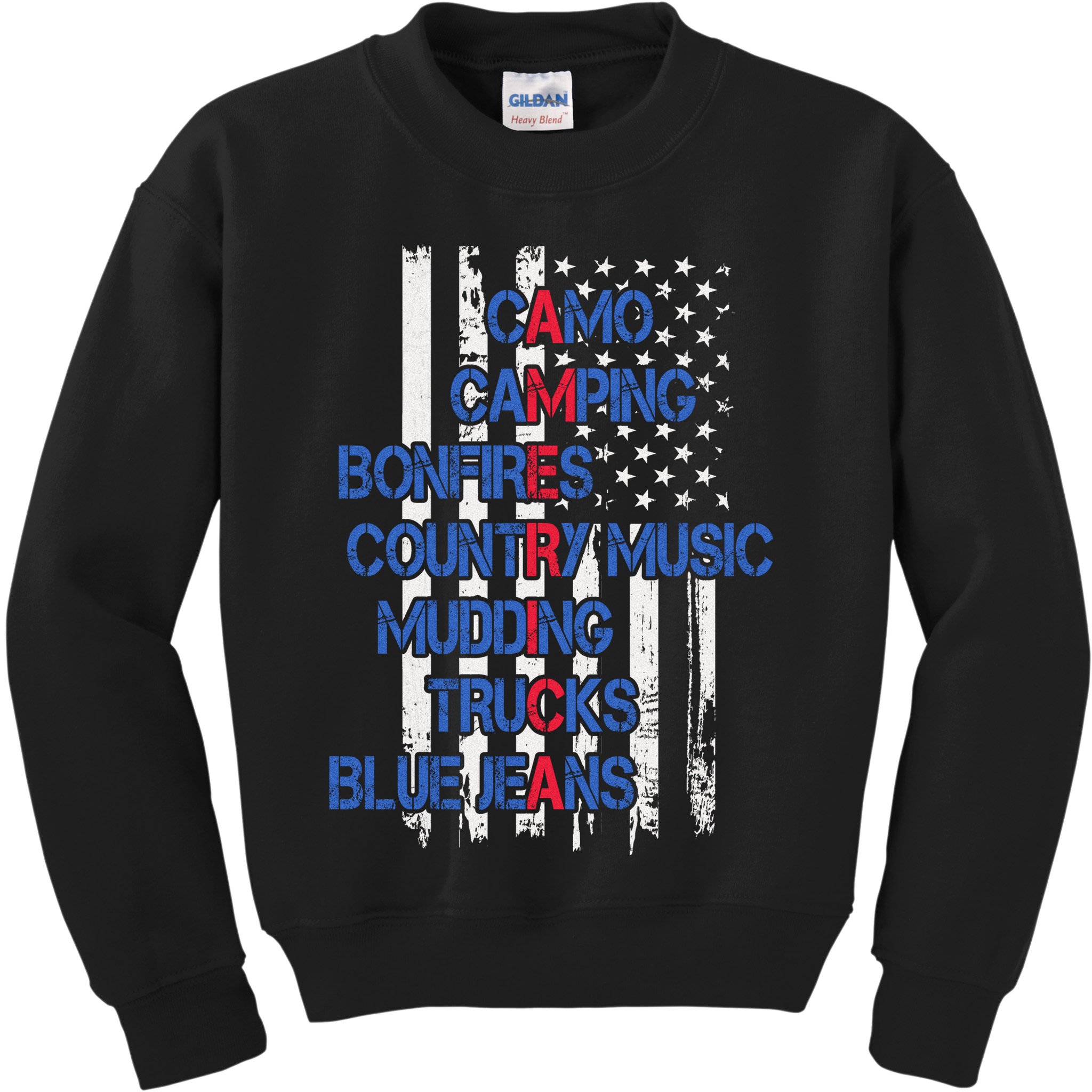 Camo Camping Bonfires Country Music Mudding  Trucks Blue Jeans Kids Sweatshirt