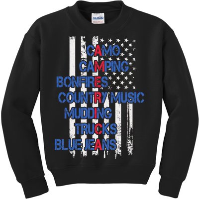 Camo Camping Bonfires Country Music Mudding  Trucks Blue Jeans Kids Sweatshirt