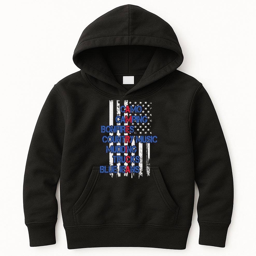 Camo Camping Bonfires Country Music Mudding  Trucks Blue Jeans Kids Hoodie