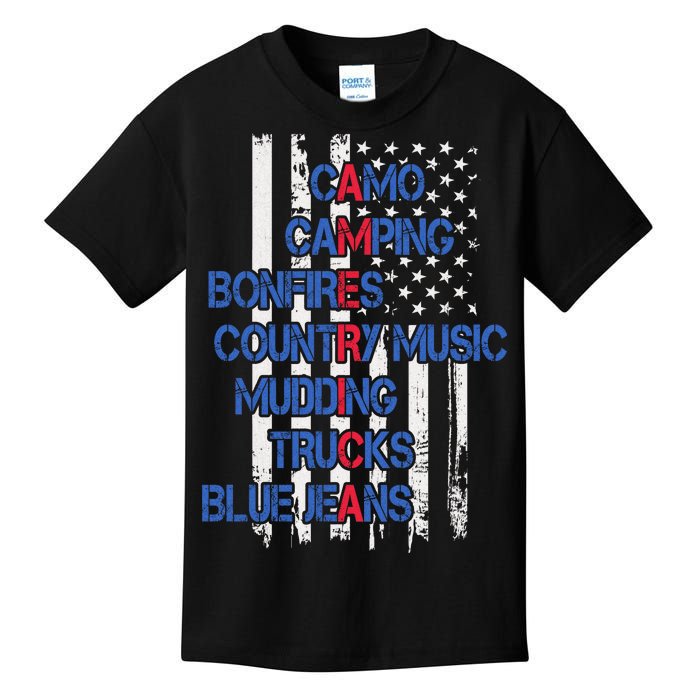 Camo Camping Bonfires Country Music Mudding  Trucks Blue Jeans Kids T-Shirt